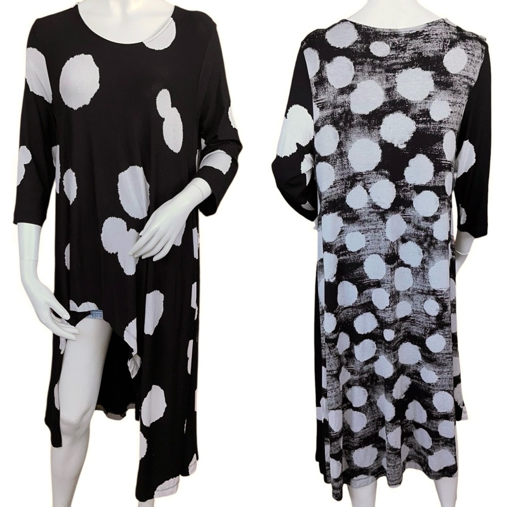 Alembika Black White Gray Contrast Polka Dot 3/4 Sleeve Asymmetrical Long Tunic